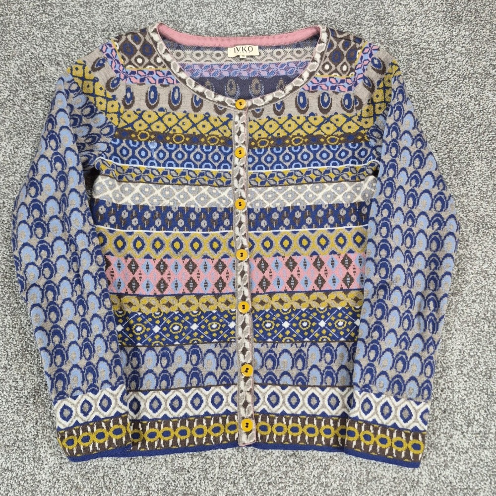 IVKO‎ Geometric Cardigan Sweater Womans 36 Multicolor 100% Wool Fair Isle Boho